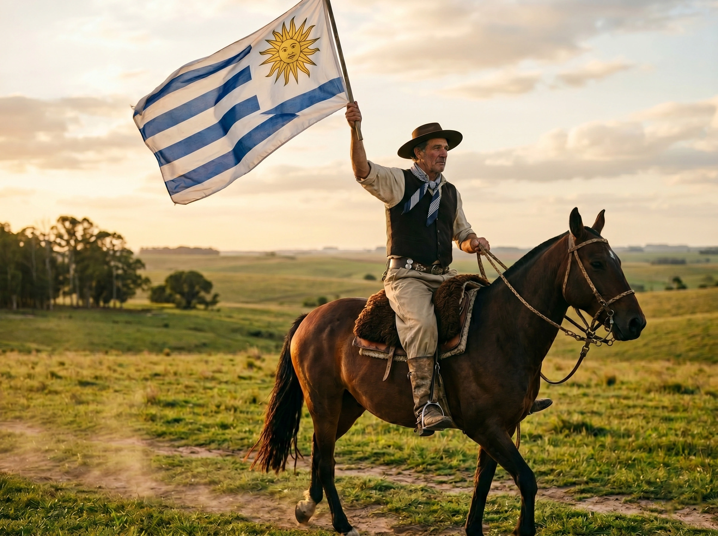 Gaucho uruguayo a caballo en el campo con el pabellón nacional